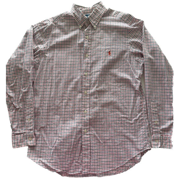 Ralph Lauren L/S Oxford Button Front Shirt Mens Medium Orange Navy Plaid - Picture 4 of 10